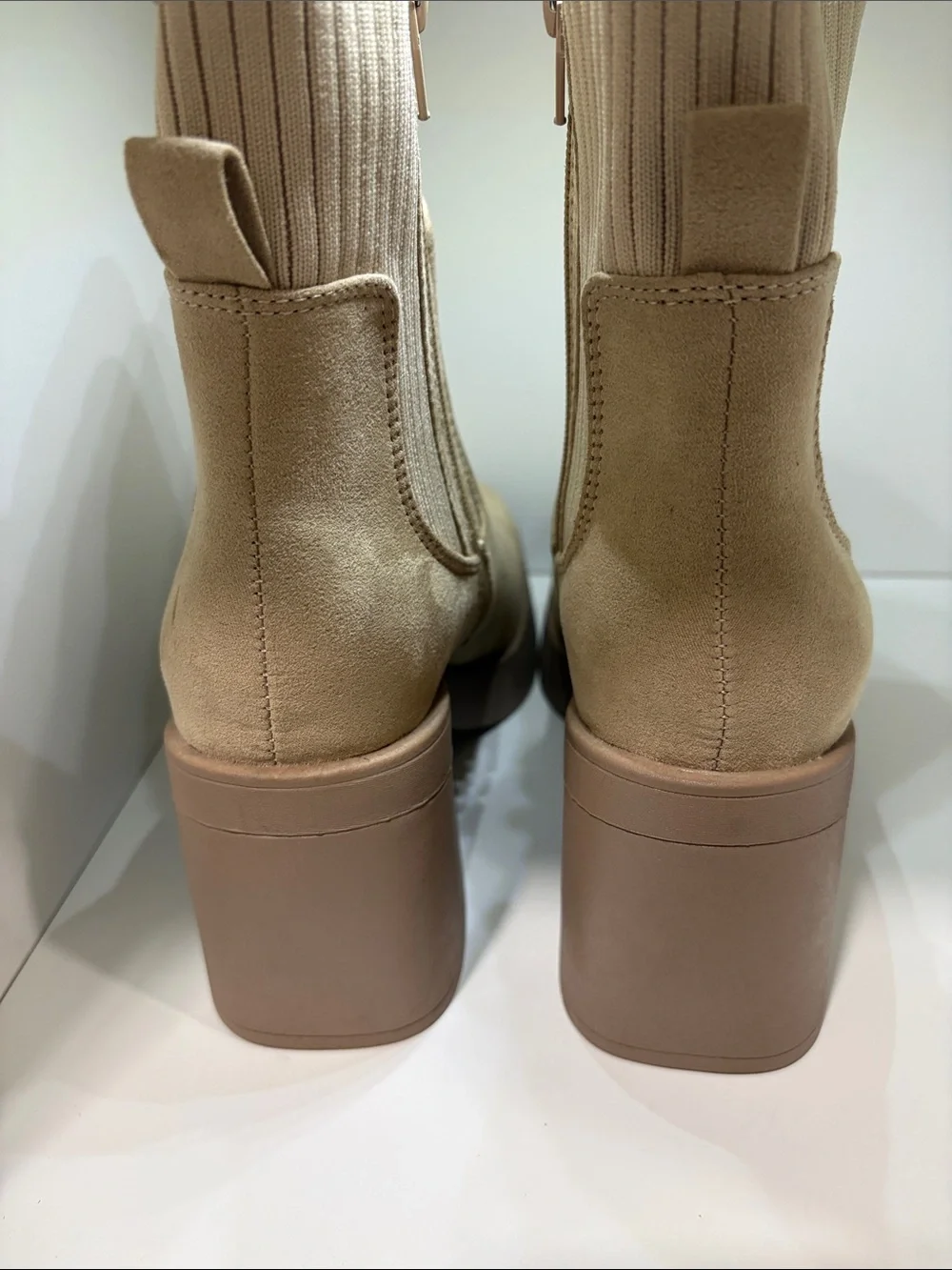 SM New York Cream Suede Rib-Knit Ankle Booties